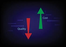 Business and financial concept. Bar graph with an green upper and red lower arrow to show low cost and high quality on black background. vector