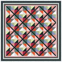 Colorful square geometric quilt pattern with overlapping triangles and diamond shapes, bordered by polka dots. vector
