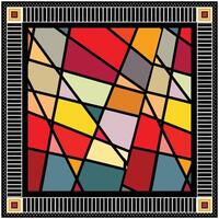 Abstract square scarf print, geometric multicolored stained glass design with a patterned black border. vector