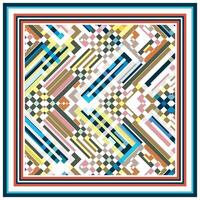 Abstract geometric scarf pattern with vibrant lines and checkered design, framed by multicolored borders. vector