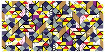 A lively arrangement of squares and triangles in various colors, forming a captivating geometric pattern. vector