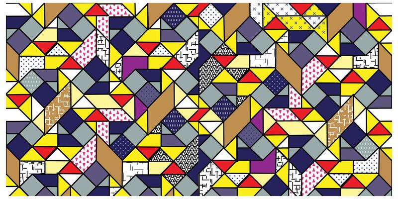 A lively arrangement of squares and triangles in various colors, forming a captivating geometric pattern.