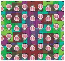 A colorful patterned image with a tiled arrangement of pomegranate halves on a geometric background. vector