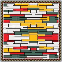 Abstract geometric square scarf pattern with colorful horizontal brick-like shapes enclosed in a decorative border. vector
