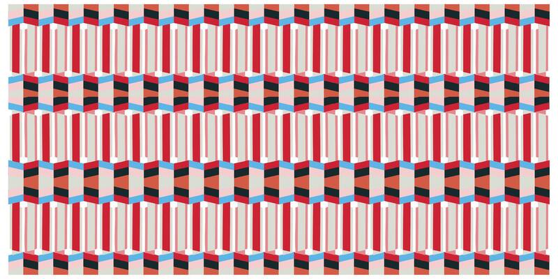 A colorful cube optical illusion with striped patterns, enclosed in a multi-lined border.