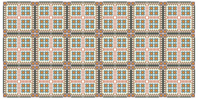 Colorful pixelated quilt like pattern with a repeating geometric design.