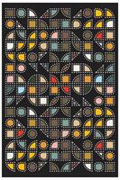 Abstract geometric pattern with circles, arcs, and rectangles in various colors on a black background. vector