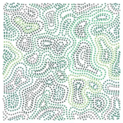 An abstract pattern of swirling green and black squares on a white background, resembling a vortex.