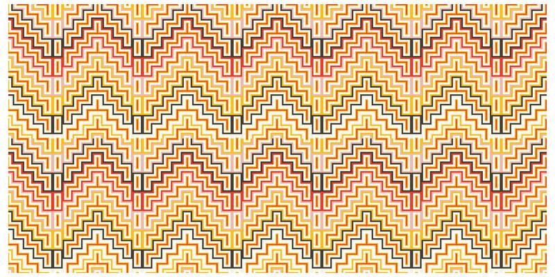 Geometric zigzag pattern with repeating red, yellow, and black lines on a white background.