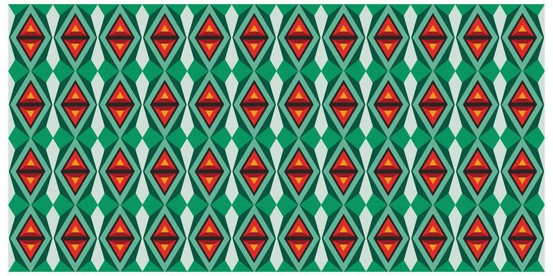 A repetitive geometric pattern of red and green diamonds on a teal background.