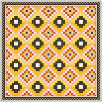 Geometric square scarf print patterned quilt with repeated diamond and flower shapes in yellow, orange, and black. vector