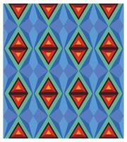 Geometric pattern with red diamonds inside green diamonds on a blue tiled background. vector