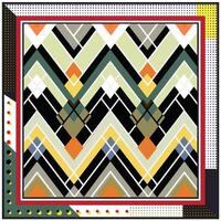 An abstract square scarf design featuring a dynamic arrangement of squares and triangles in various colors and sizes. vector