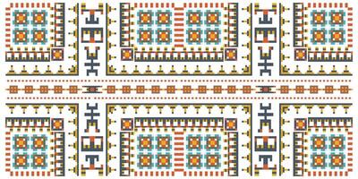 Colorful pixel art pattern with symmetrical designs and tribal motifs. vector