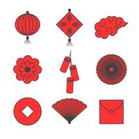 set icon graphics represent traditional Chinese New Year symbols, including red lanterns, Chinese calligraphy pendants, lucky clouds, and firecrackers vector