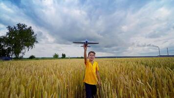 Little boy on yellow field. Happy child playing outdoors in summer. Kid holds a toy plane and imitate flight over the meadow. Front view. video
