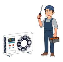Cartoon Man Technician Fix Air Condition Using Toolbox Vectors Illustration
