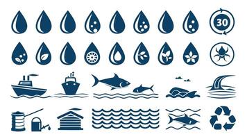 Flat Icons Representing Water Conservation, Oceans, and Recycling vector