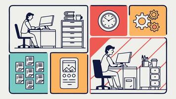 Flat Icons of Workplace Tools, VR, AI, Charts, and Remote Work Themes vector