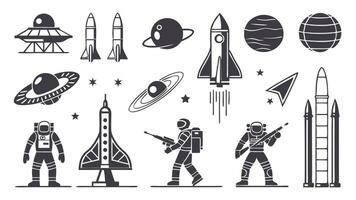 Flat Icons of Space Travel Featuring Rockets, Satellites, and Futuristic Themes vector