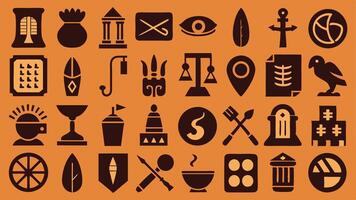 Flat icons featuring ancient writing elements, including hieroglyphs, scrolls, quills, and runestones vector