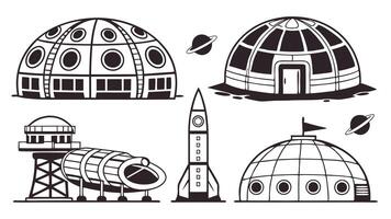 Flat Icons of Space Habitats, Moon Bases, Mars Domes, and Alien Themes vector