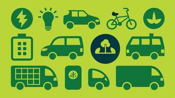 Flat Icons Depicting Renewable Transport, EVs, Solar Bikes, and Charging Stations vector