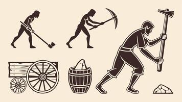 Flat icons illustrating ancient tools including hand axes, pottery, papyrus, and carts in silhouette style vector