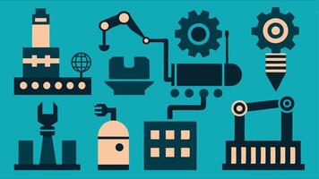 Flat Icons Illustrating Industrial Innovation, Robotics, Factories, and Assembly Lines vector