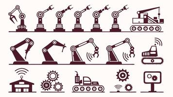 Flat Icons Depicting Robotics, Automation, Drones, and Production Lines vector