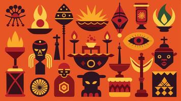 Flat icons illustrating ancient rituals featuring incense, masks, chalices, and altars in silhouette style vector
