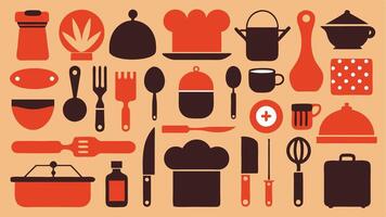 Flat Icons Silhouettes of Culinary Techniques, Chef Tools, and Sushi Rolls vector
