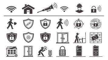 Flat Icons of Security and Surveillance Featuring Cameras, Biometrics, and AI Designs vector