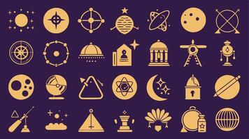Flat icons of ancient astronomy featuring astrolabes, star charts, and sundials in silhouette style vector