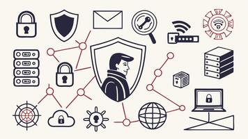 Flat Icons Silhouettes of Cybersecurity, Encryption, and Biometric Safety vector