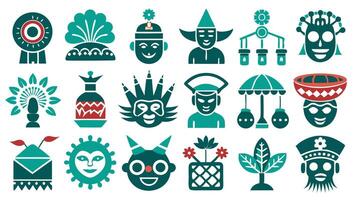Flat Icons Representing World Festivals, Fireworks, Lanterns, Carnival, and Drums vector