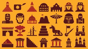 Ancient Civilizations Icon Set with Pyramids, Aqueducts, and Cuneiform vector