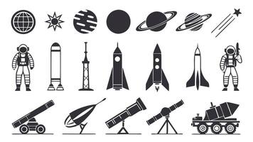 Flat Silhouettes of Space Exploration with Rockets, Satellites, and Astronauts vector