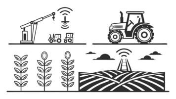 Flat Icons Representing Modern Agriculture, Robots, Drones, Irrigation, and Farms vector