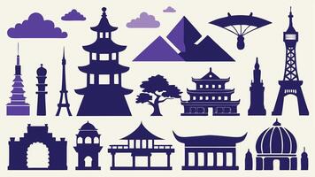 Global Monument Icons Including Eiffel Tower, Taj Mahal, and Pyramids vector