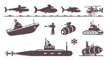 Flat Icons Silhouettes of Underwater Technology Featuring Submarines, Sonar, and Drones vector