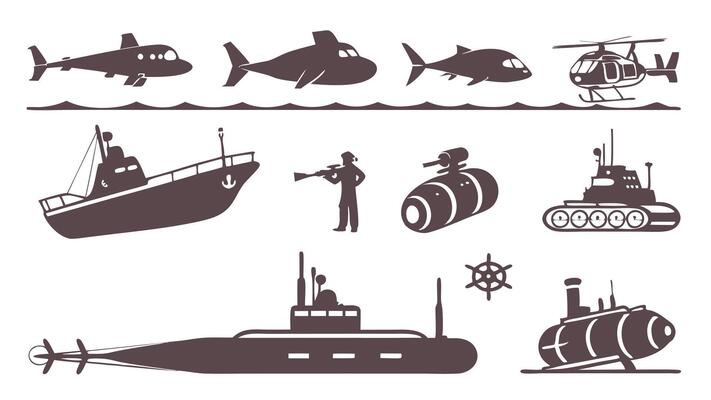 Flat Icons Silhouettes of Underwater Technology Featuring Submarines, Sonar, and Drones