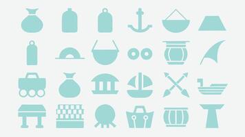 Flat icons showcasing ancient trade with spices, coins, caravans, ships, and scales in silhouette style vector
