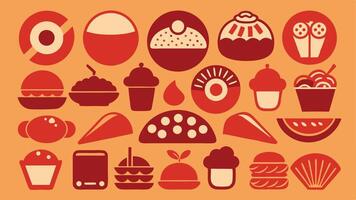 Flat Icons of Global Cuisines Featuring Sushi, Tacos, Pasta, Dumplings, and Croissants vector