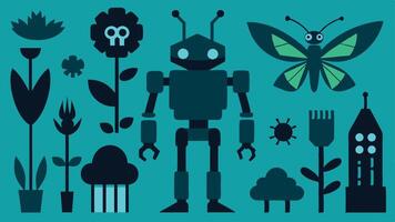 Flat Icons Silhouettes Representing Robotic Life, Including AI Insects and Cybernetic Birds vector