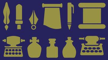 Flat Icons Silhouettes of Writing Tools Featuring Quills, Typewriters, Keyboards, and Scrolls vector