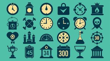 Flat Icons Silhouettes Depicting Time and Clock History with Hourglasses, Sundials, and Digital Clocks vector
