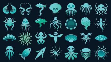 Flat icons featuring bioluminescent creatures like jellyfish, anglerfish, and squid vector