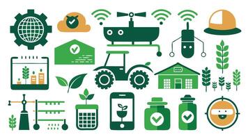 Modern Farming Icons with Tractors, Drones, Hydroponics, and Solar Farms vector