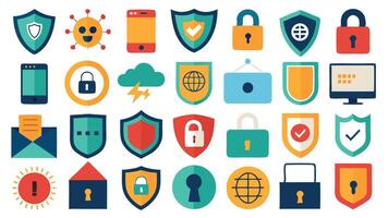 Flat icons representing cybersecurity elements, including padlocks, firewalls, shields, and encryption vector